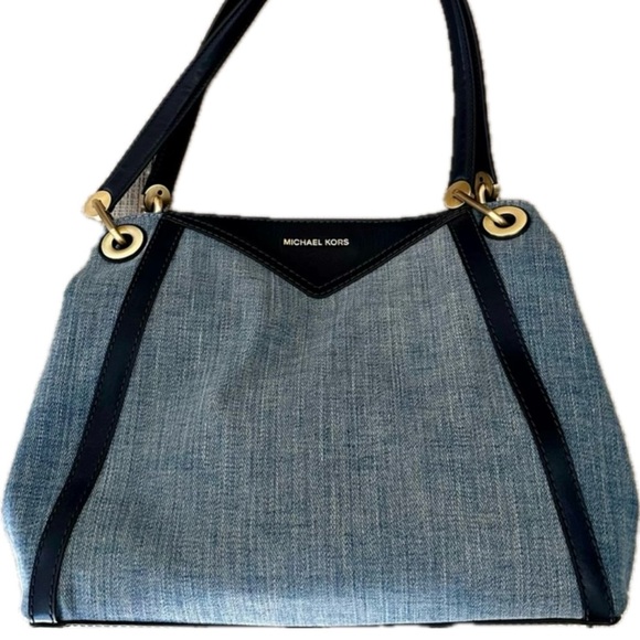 New Michael Kors Raven Stye Washed Denim Large Shoulder Bag with Leather Trim - Picture 13 of 13